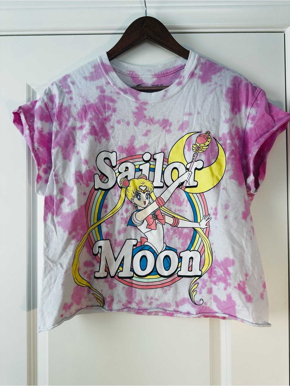 Sailor Moon Pink Tie Dye Graphic Tee Raw Edge Anime Y2K Grunge Top